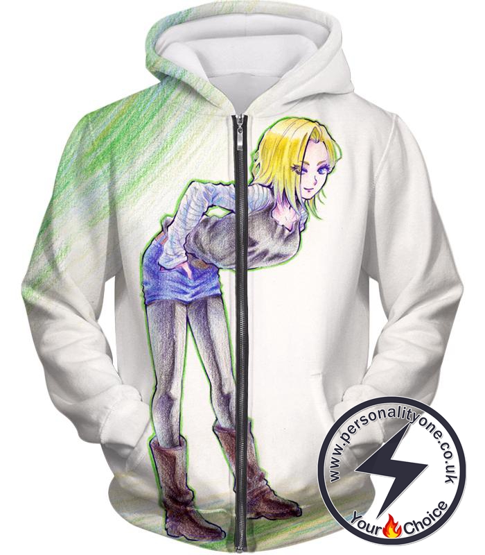 Dragon Ball Super Super Cute Android 18 Drawing Cool White Zip Up Hoodie